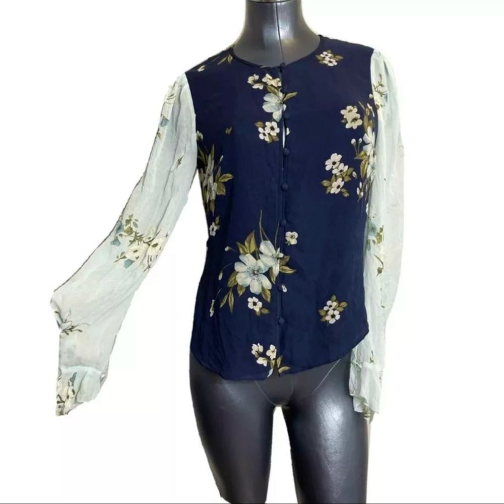 Joie Floral 100% Silk Button Up Top Shirt Size 4 Blue